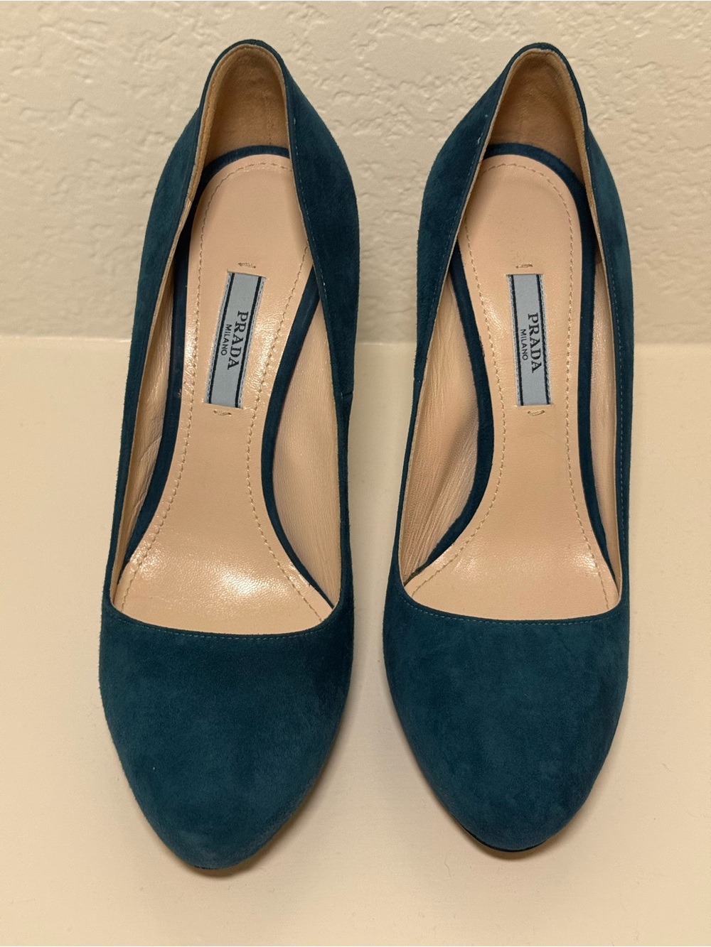 PRADA Teal Blue Suede Platform Pumps Heels EU 38.5